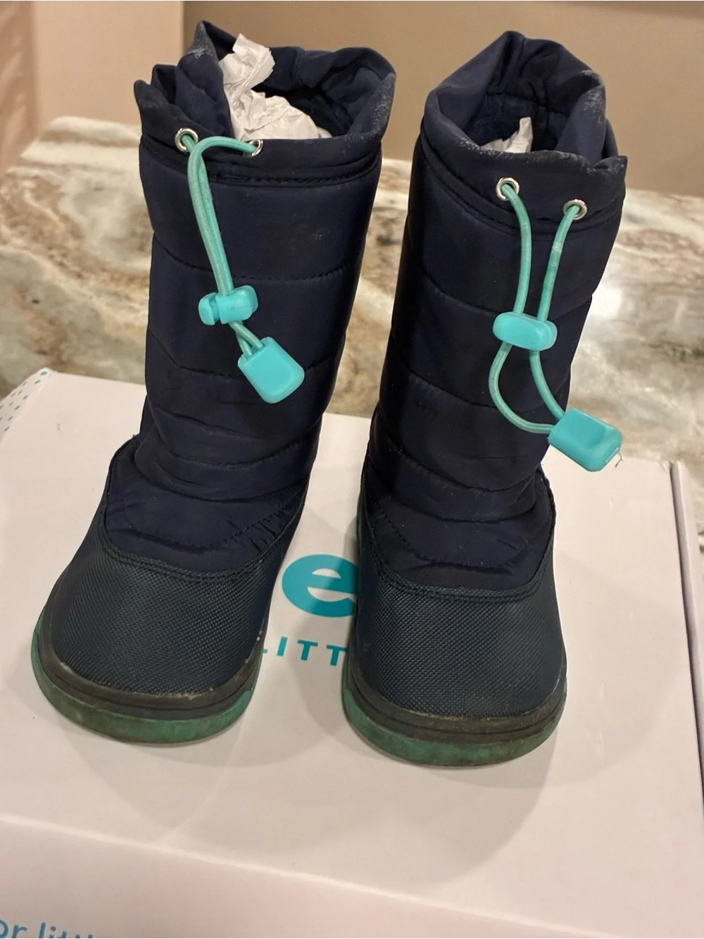 Kids Navy Winter Boots with Aqua Toggle